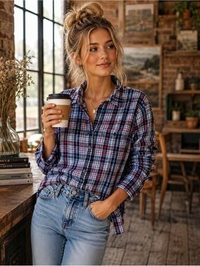 St John's Bay Women's 100% Cotton Blue Plaid Button Down Shirt Size S